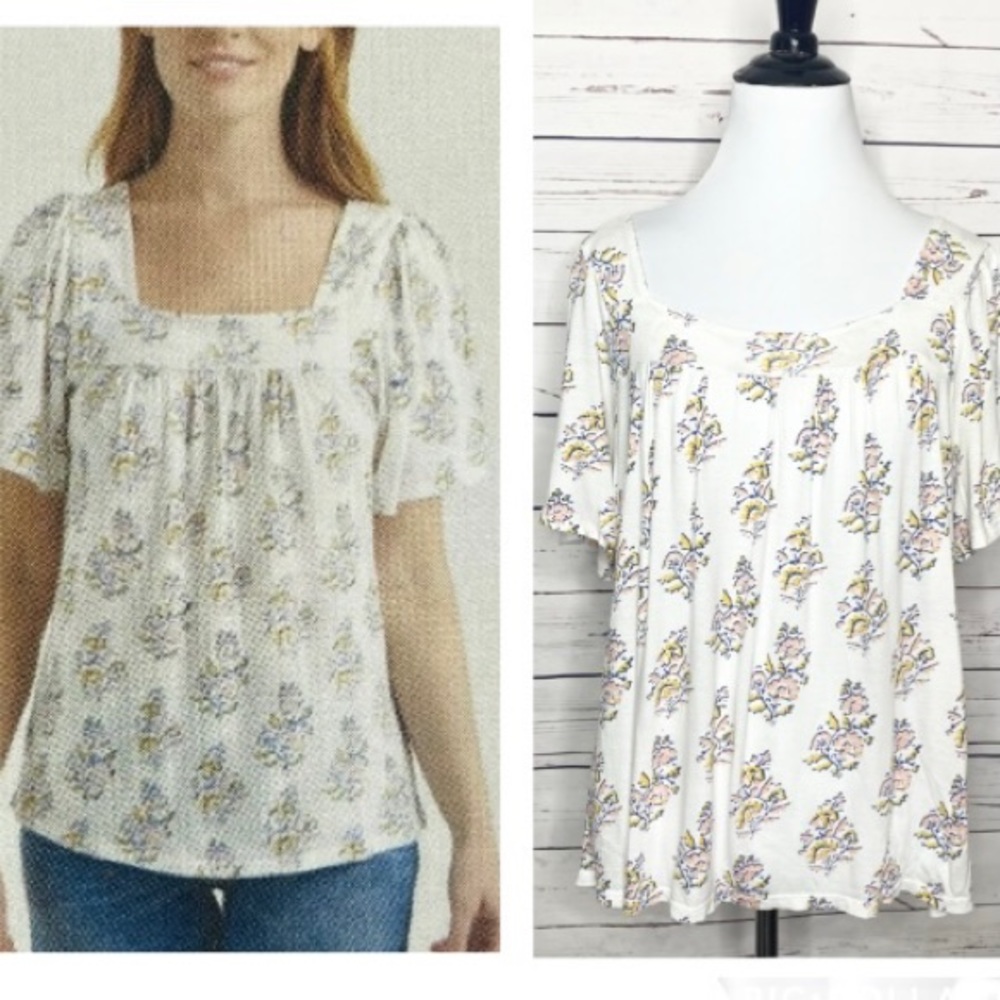 Lucky Brand Square Neck Flutter Sleeve Floral Top Size Medium White Pink Blue